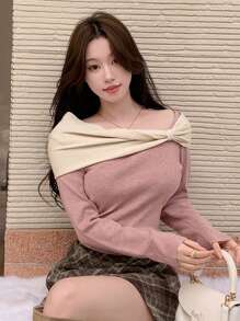 DAZY Suéter de manga larga con paneles de bloques de color, ropa de otoño para la escuela - Rosa - Ver 3