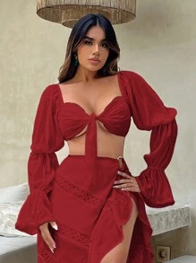 SHEIN SXY 仿古風袖口綁帶前短上衣 - 紅色 - 查看 4