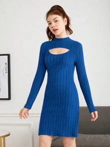 少女纯色罗纹针织立领镂空连衣裙 - 藍色 - 查看 6