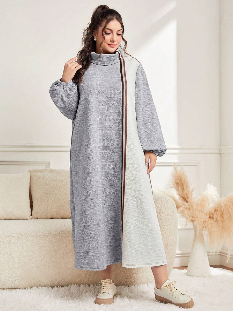 Mulvari Kích thước lớn Khối màu Cổ cao Tay áo lồng đèn Đầm - Màu Xám nhạt - Xem 1