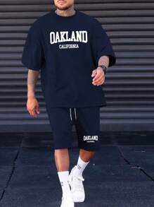 Manfinity Homme 男士大尺寸字母印花 T 恤和短褲套裝 - 藏蓝色 - 查看 1