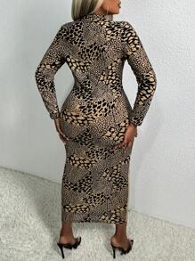 Slaydiva 大尺码女士修身立领蛇紋連衣裙 - 駝色 - 查看 2