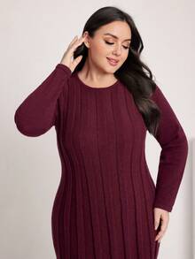 Mulvari 加大碼女士肋針織長袖毛衣裙 - 酒紅色 - 查看 5
