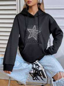 SHEIN Unity Rhinestone Star Pattern Drawstring Hoodie - Black - View 1