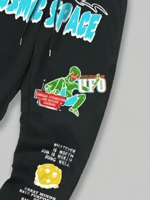 ROMWE MEN Street Life Men's Pattern Print Hoodie And Jogger Pants Two-Piece Set, School - White - View 3