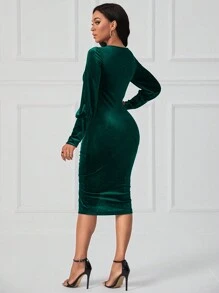 SHEIN Lady 女士天鵝絨褶皺緊身裙 - 墨綠色 - 查看 2