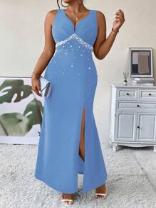 SHEIN Belle Plus Size Women's Sleeveless Dress With Faux Pearl Decor And High Slits - Baby Blue - View 3