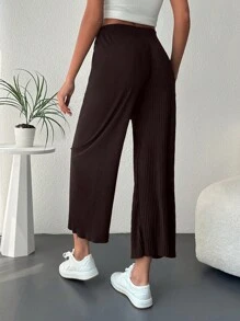 EURMUSE Tie Front Ribbed Knit Wide Leg Pants - Brown - View 2