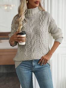 SHEIN Essnce Women'S Cable Knit Turtleneck Sweater - Apricot - View 4