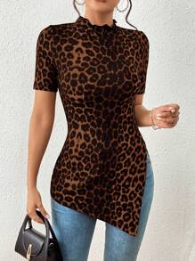 SHEIN Essnce Leopard Top Casual & Commute Leopard Print Knitted High Elasticity Split Hem Half-Length T-Shirt For Summer