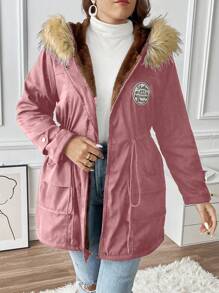 Calvaya Plus Size Drawstring Waist Fuzzy Trim Hooded Parka Puffer Jacket Coat For Winter Clothes - Pink - View 1