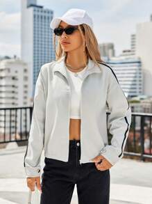 SHEIN Unity Màu sắc Chặn Cạnh Chi tiết Tay áo dài Áo khoác - màu xanh lá - Xem 4