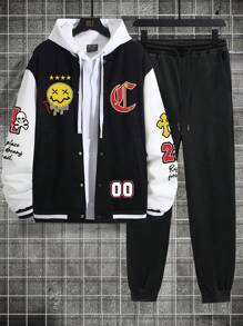 Manfinity Homme Men'S Plus Size Color-Block Cartoon Letter Pattern Jacket And Sweatpants Two Piece Set - Multicolor - View 1