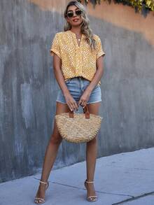Blusa De Cuello Con Muescas Y Estampado Floral Para Mujeres - Amarillo - Ver 4