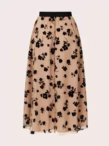 SHEIN Clasi Váy nữ lưới mềm mại họa tiết hoa - Màu Khaki - Xem 2