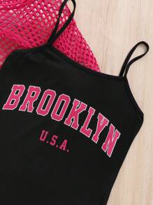 Tween Girls' Fashionable Knit Round Neck Short-Sleeved Top With Knit Letter Print Suspender Shorts Set For Sports - Hot Pink - View 5