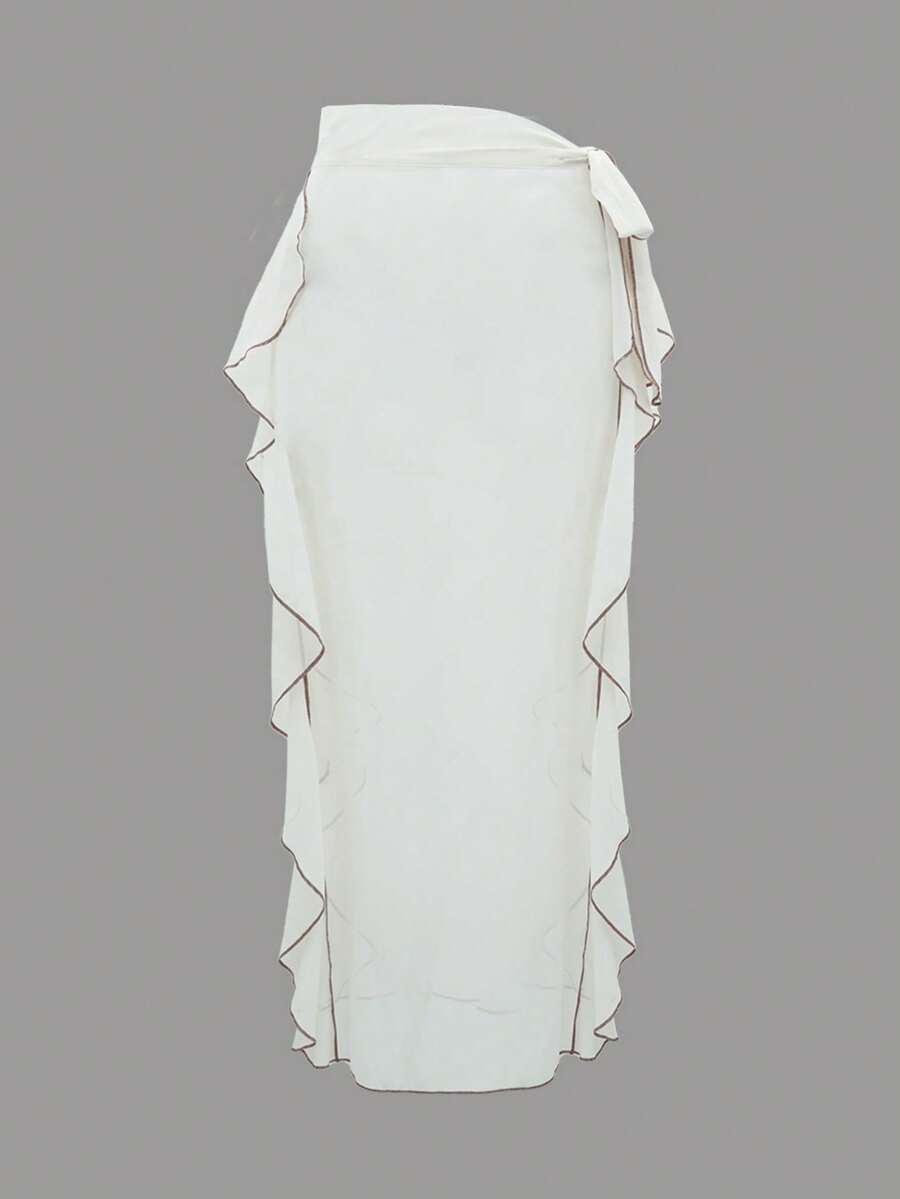 SHEIN Swim Ruffle Cắt tỉa Váy che Lễ cưới - Màu be - Xem 1