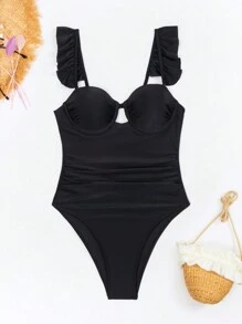 SHEIN Swim 女士荷葉邊肩帶和褶皺式單肩泳裝,適用於音樂節 - 黑色 - 查看 3