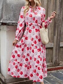 SHEIN LUNE Của phụ nữ In hoa Mặt trước thắt dây Đầm - Đỏ - Xem 4