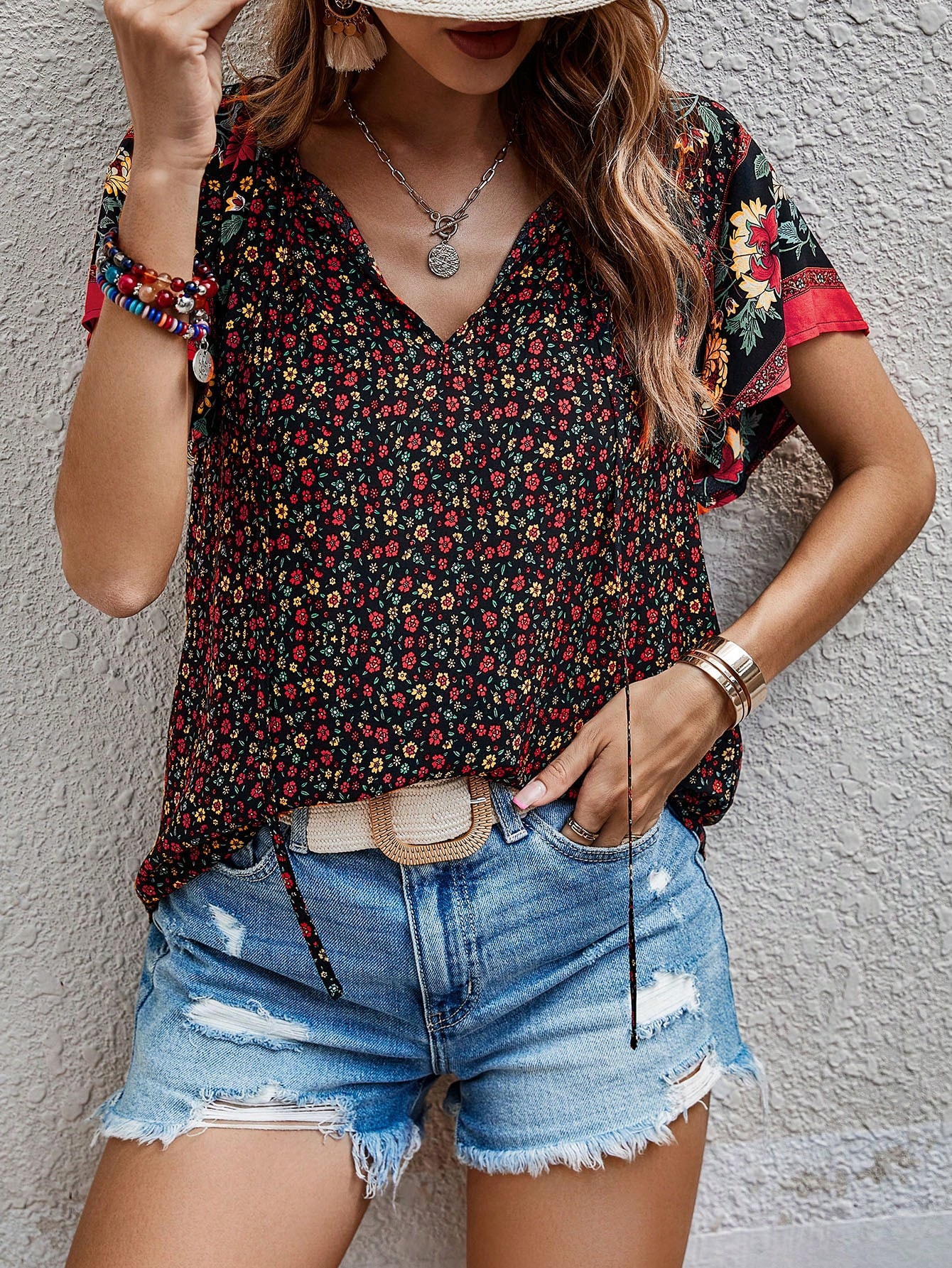 SHEIN LUNE Women'S Floral Print Short Sleeve Shirt sz2311300152558059