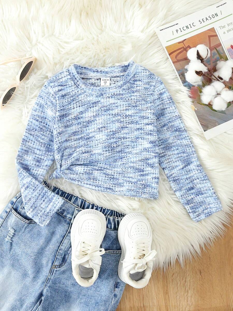 SHEIN Cô gái Giải trí Vòng cổ Ngắn Top Cây trồng Tay áo dài Áo thun Đối với Mùa thu - Màu xanh lam - Xem 1