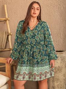 Rusttydustty 大尺碼女士花卉印花燈籠袖連衣裙 - 綠色 - 查看 3