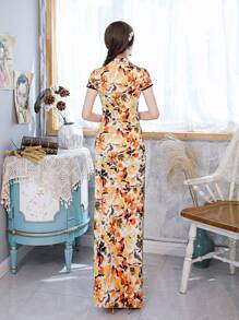 Fikoo Full Floral Print High Slit Side Cheongsam Dress - Yellow - View 2