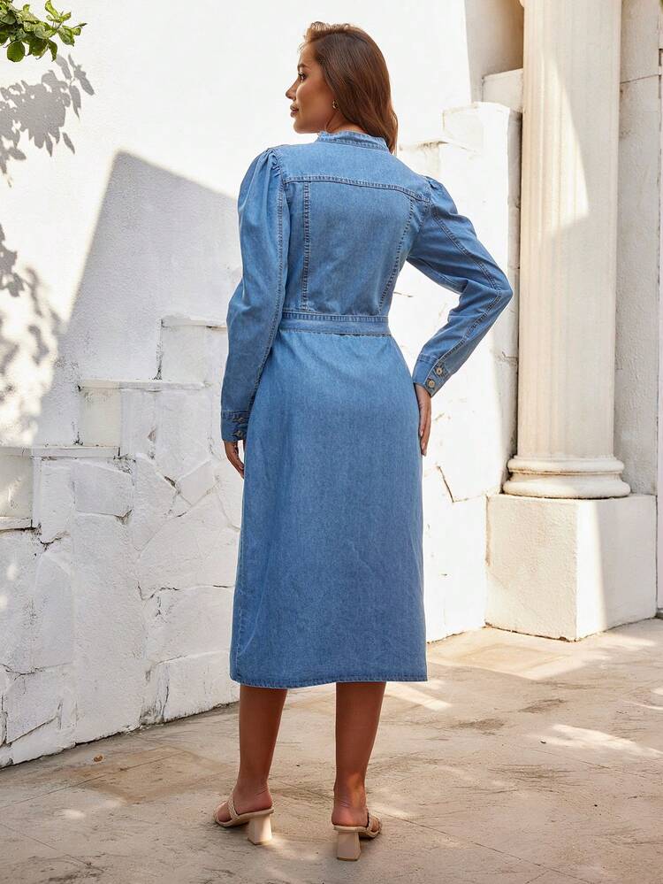 Women'S Jean Dress With Belt, Stand Collar And Single Breasted Fall Cloth For Women