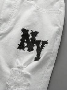 少年男孩新款休閒時尚水洗牛仔褲，印花補丁和破壞細節設計 - 白色 - 查看 5