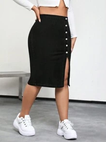 SHEIN ICON تنورة جينز ممزقة بأزرار وشق أمامي للمقاسات الكبيرة - الأسود - مشاهدة 4