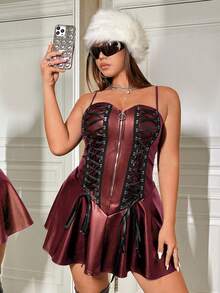 SHEIN ICON 大碼拼色自綁帶交叉前後開叉荷葉邊背心連身裙 - 紅色 - 查看 6