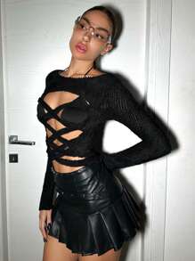 SHEIN ICON 女款十字交叉鏤空長袖上衣 - 黑色 - 查看 4