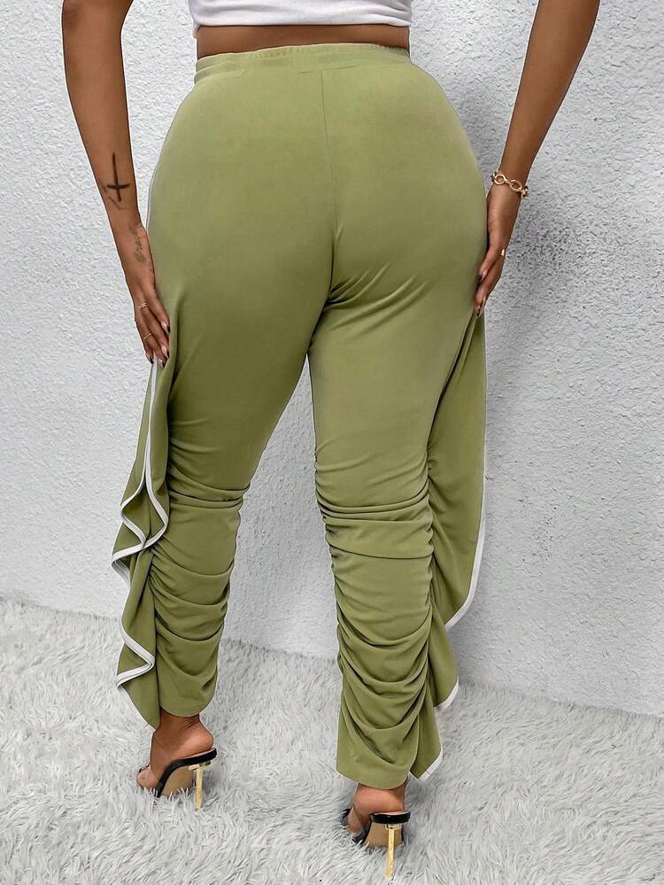 Plus Size Women'S Ruffled Elastic Waistband Pleated Pants With Flounce Hem Fall Cloth For Women