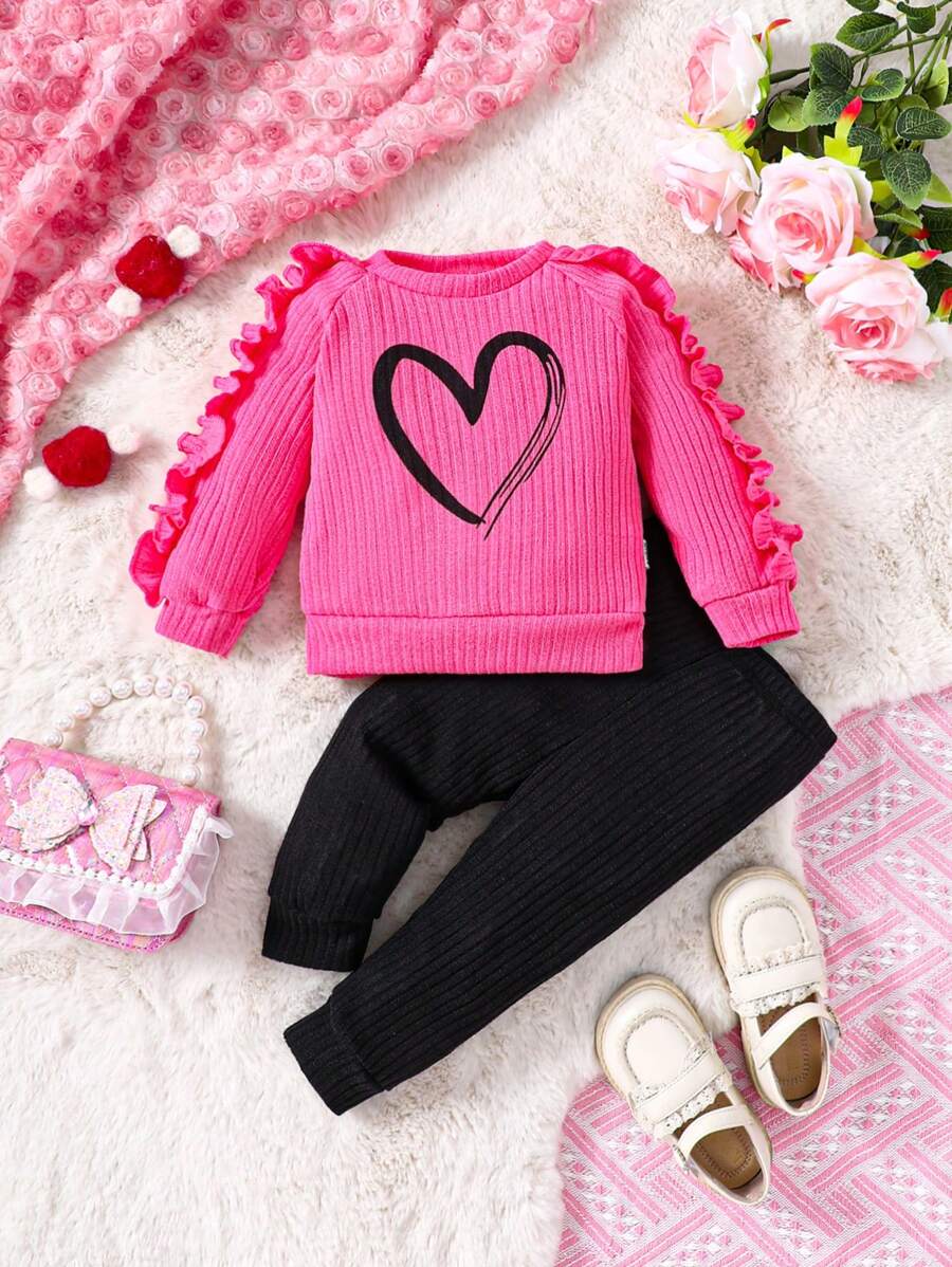 Conjunto De Blusa Y Pantalones Con Estampado De Corazones Y Ribete Con Volantes Para Bebé Niña - Rosa - Ver 1