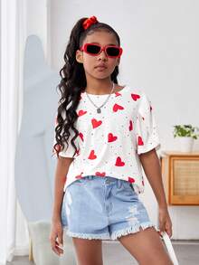 Tween Girl Casual Knit Red Heart Loose Fit Crew Neck Short Sleeve Top, T-Shirt, Suitable For Valentine's Day, Mother-Daughter, Sisters Matching - White - View 3