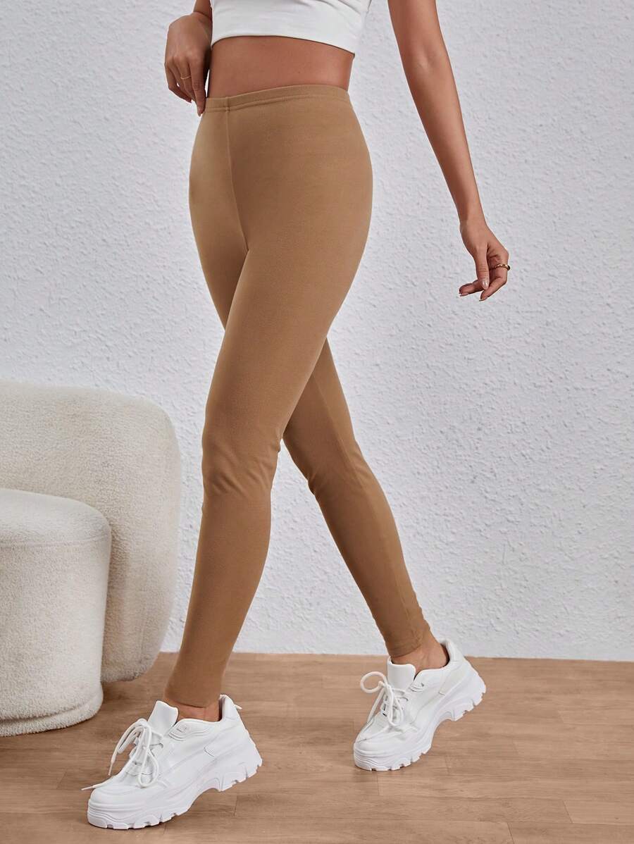 SHEIN Essnce Women'S Solid Color Leggings - Mocha Brown - View 1