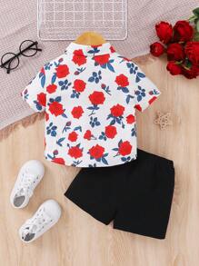 SHEIN Baby Boys' Casual Rose Pattern Short Sleeve Shirt And Shorts Set - Multicolor - View 9