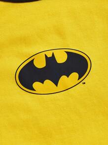 Batman X ROMWE Conjunto De Pijama Para Mujer Con Estampado De Dibujos Animados Y Ribete Con Contraste - Amarillo - Ver 3