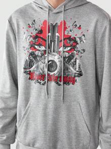 ROMWE MEN Grunge Punk Men'S Pattern Printed Hoodie With Kangaroo Pocket - Grey - View 3