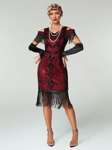 Women's Cold Shoulder Sequin Patchwork Tassel Party Dress Wedding Guest Cocktail Dress - Burgundy - View 1