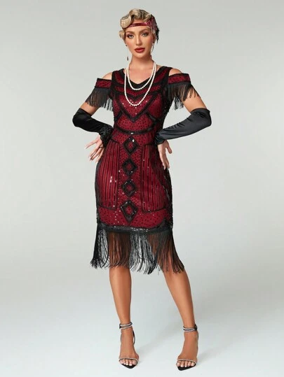 Women's Cold Shoulder Sequin Patchwork Tassel Party Dress Wedding Guest Cocktail Dress