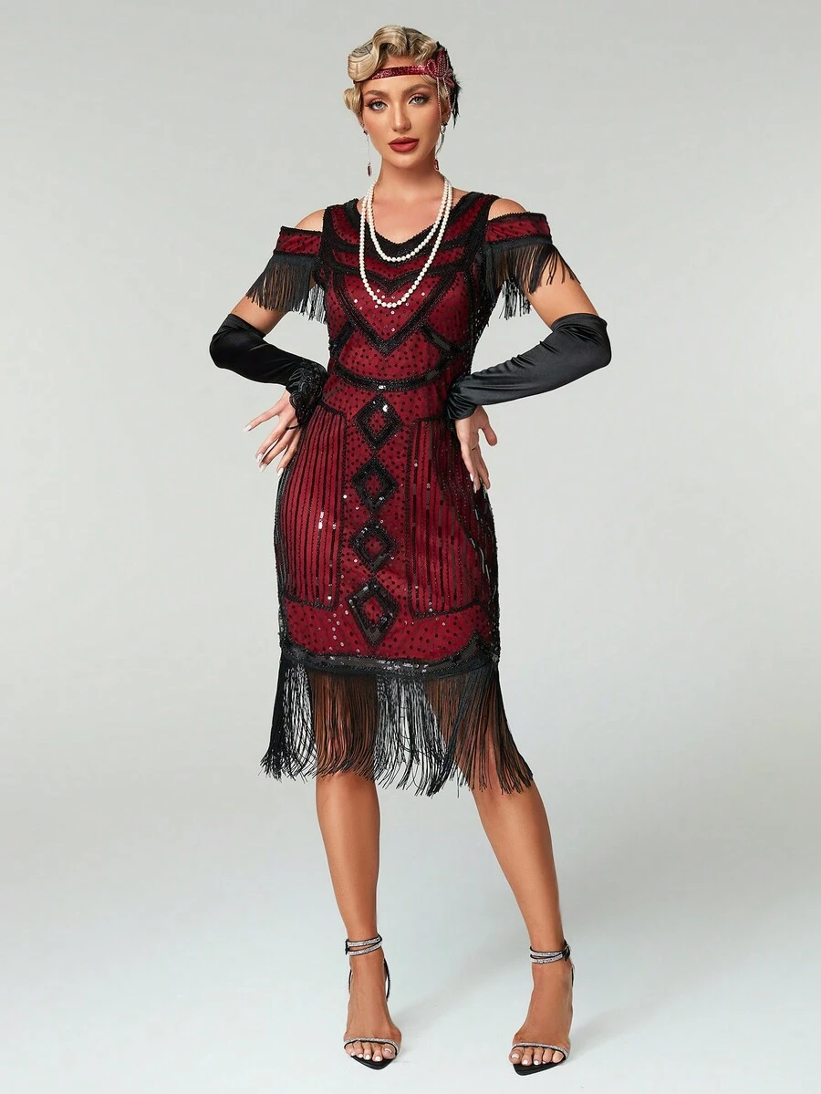 Women's Cold Shoulder Sequin Patchwork Tassel Party Dress Wedding Guest Cocktail Dress - Burgundy - View 1