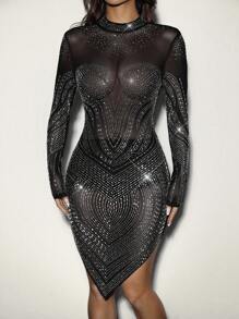 Allurite Black Sequined Diamond-Embellished Mesh See-Through Sexy Hip-Hugging Dress New Year's Valentine's Day Sexy Prom Cocktail Dress