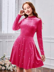 SHEIN 青少年女孩休閒珠飾針織天鵝絨立領連身裙 - 玫紅色 - 查看 1
