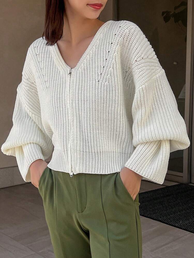 Ladies' Zippered Open Front Solid Color Drop Shoulder Cardigan