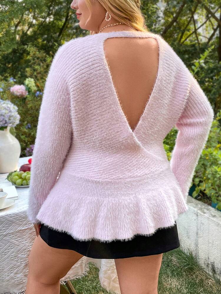Plus Size Back Cutout Ruffle Hem Wrap Sweater Knit Pullover Fall Winter
