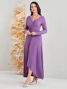 Modelyn Women's Asymmetrical Ruffled Hem Pleated Dress Long Evening Dresses - Mauve Purple - View 4