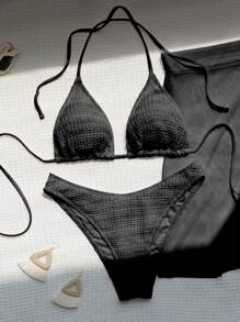 SHEIN Swim Summer Beach Women's Halter Strap Separated Bikini Set With Three Pieces Music Festival - Black - View 3