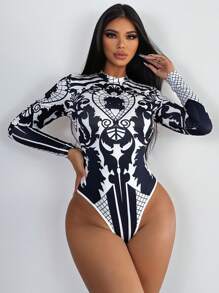 Zolique Full Print Long Sleeve Bodysuit Fall Cloth For Women - Blue and White - View 3