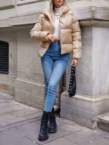 EURMUSE Zippered Hooded Padded Coat - Beige - View 6